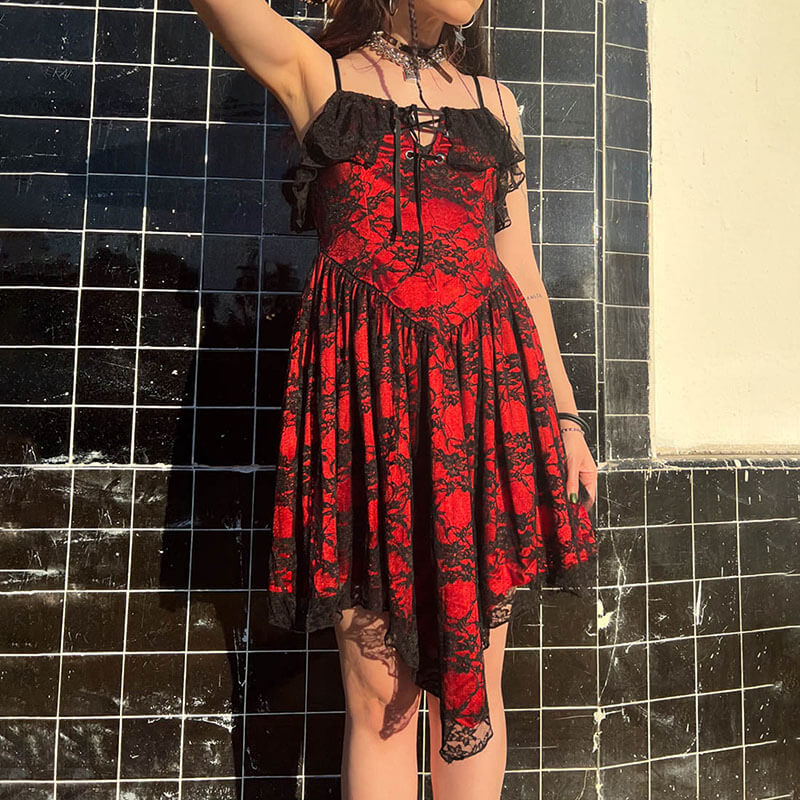 Gothic Ruffled Irregular A-Line Lace Suspender Dress