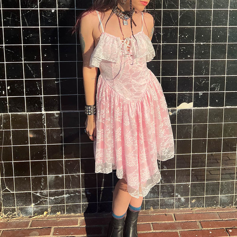 Gothic Ruffled Irregular A-Line Lace Suspender Dress