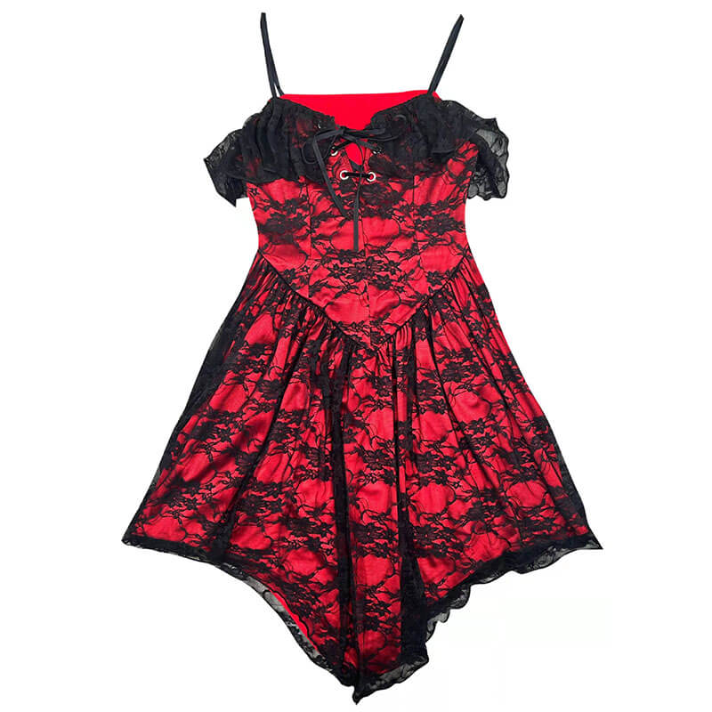Gothic Ruffled Irregular A-Line Lace Suspender Dress