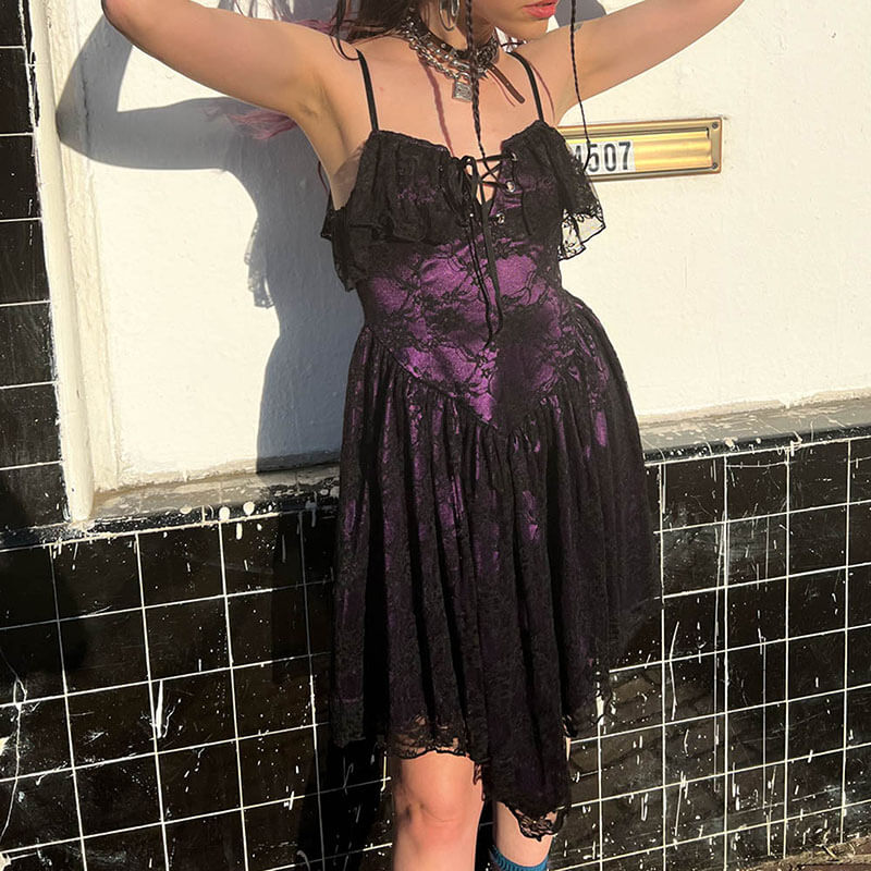 Gothic Ruffled Irregular A-Line Lace Suspender Dress