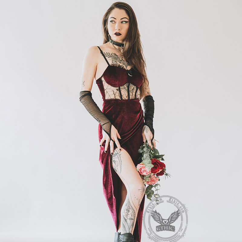 Gothic See-Through Slit Velvet Maxi Dress